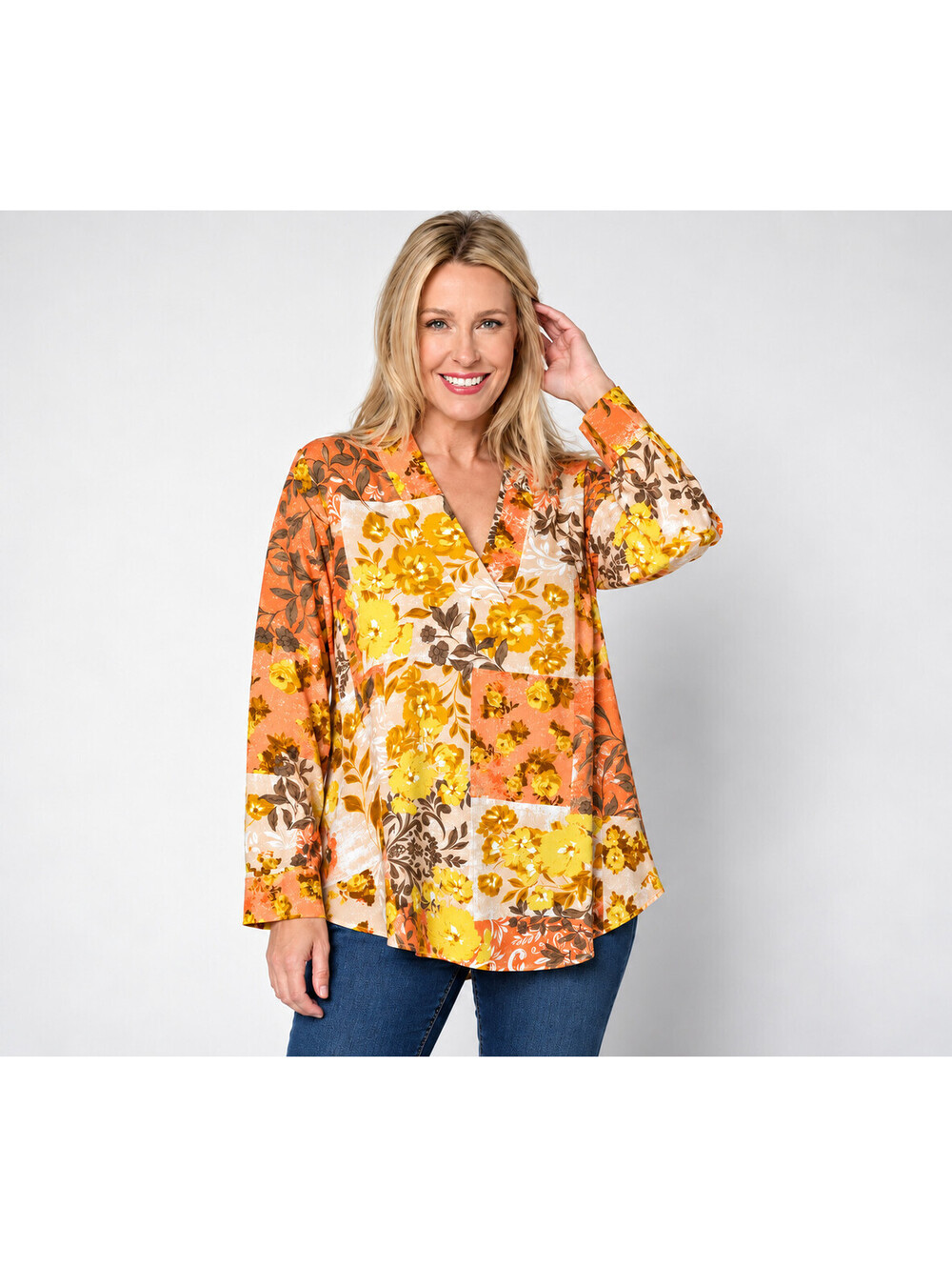 Isaac Mizrahi Live! Floral Printed Stretch Woven Crepe Top Yellow, Size 2X